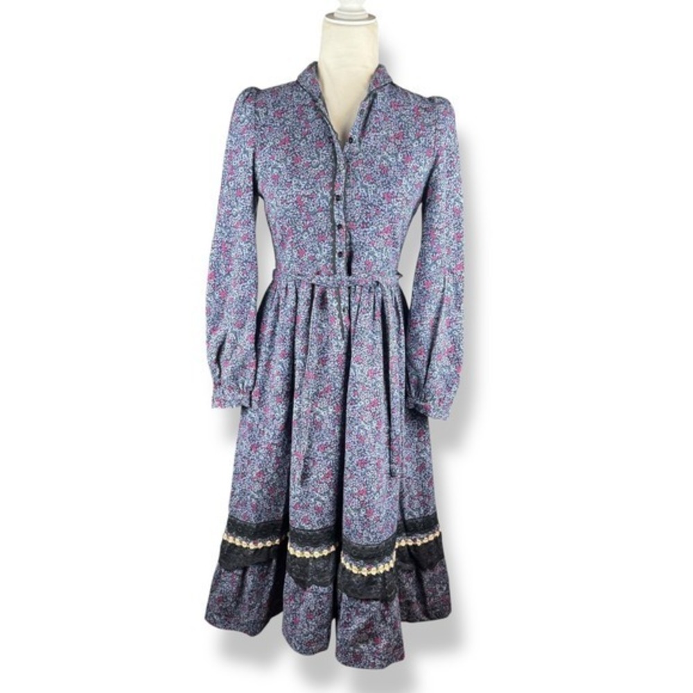 Vintage 80s Japanese Peasant Midi Dress Womens Size 9 Floral Lace Modest Prairie